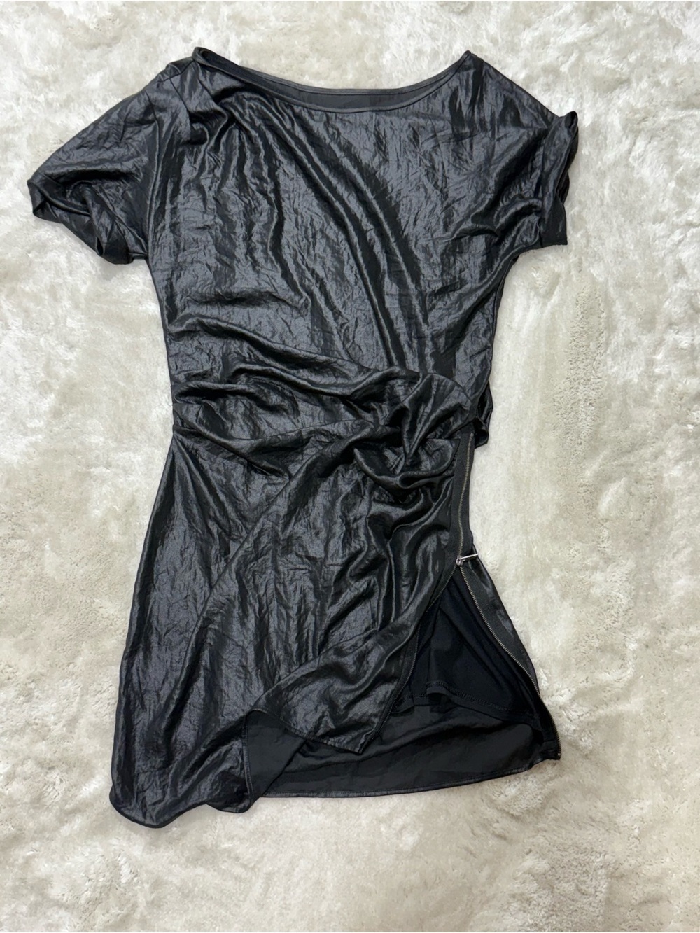 BCBGMAXAZRIA Black Off The Shoulder One Shoulder faux leather, ruched waist